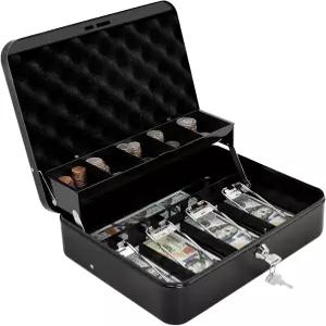 돈 트레이와 자물쇠가 있는 켄토코 현금 상자 - 현금용 머니 박스 열쇠가 금속 자물쇠 홈 오피스