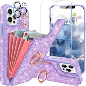 12 프로 맥스 케이스 지갑용 윈드 유리 스크린 프로텍터 카메라 렌즈 카드 홀더 5개와 360° 링 스탠드