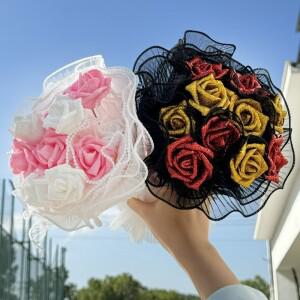 인공 장미 꽃 골드 실버 핑크, 반짝이는 꽃다발, DIY 발렌타인 데이, 웨딩 파티 장식 용품