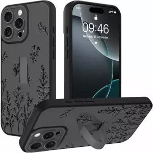 16 프로용 고마라 케이스 손가락 스트랩 스탠드 귀여운 블랙 플라워 플로럴 여성용 소프트 TPU 범퍼 하드