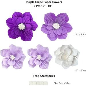 5개 보라색 종이 꽃 인공 3D 벽 장식 웨딩 생일 신부 베이비 샤워 바이올렛 라벤더 라이트 다크 퍼플