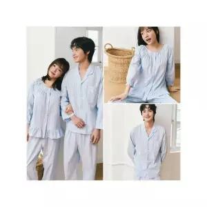 [솔브] 정상 가볍고 쾌적한 면100 블루 체크 남 여 커플 파자마 세트 택1 SPA2605M W S_P419248518
