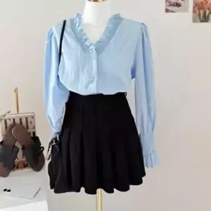 [옷자락]여성 루즈핏 프릴넥 셔링 퍼프 소매 긴팔 블라우스