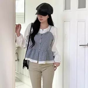 [옷자락]여자 폴리 페플럼 체크 뷔스티에 레이어드 블라우스