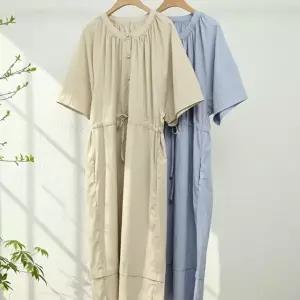 [옷자락]여자 셔링 라운드넥 허리스트링 루즈핏 데일리 롱원피스