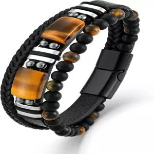 오스카니 남성 타이거 아이 가죽 팔찌 내추럴 스톤 비즈 남성용 다층 땋은 커프 버클 메모리얼 뱅글 선물