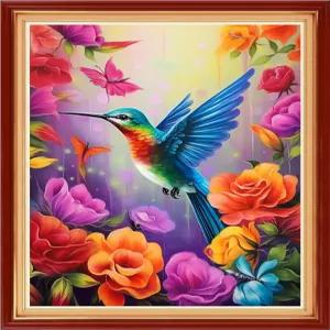 폭스홀 초보자용 크로스 스티치 키트 자수 전체 범위 스탬프가 찍힌 니들포인트 키트-플라워 벌새