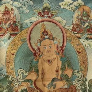 35인치 네팔 고전 사찰 실크 자수 노란색 잠발라 5불상 바즈라 탕카 걸이형 스크린 타운 하우스