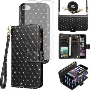 Asuwish 6 6s i 6P 6a S 식스 6splus 여성용 지퍼 셀 화면 보호 스트랩 블링 글리터 플립 폰 커버 6splus와