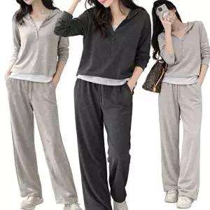 [모든GO]여성 후드 레이어드 트레이닝 상하세트 와이드팬츠 홈웨어 간절기 투피스