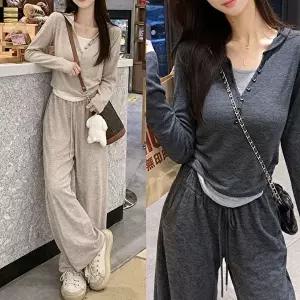 [모든GO]여성 후드 레이어드룩 트레이닝 상하세트 와이드팬츠 홈웨어 투피스