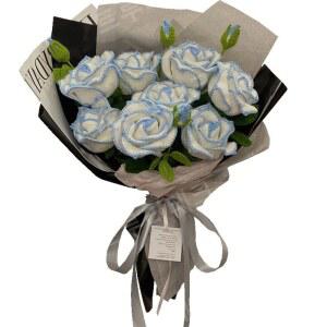 니트꽃 꽃뜨기 뜨개질 한송이 파우치 장미 발표회꽃다발 패키지 프레시 꽃다발 코바늘 세트 니트 다발 손뜨개 블루 뜨개꽃다발