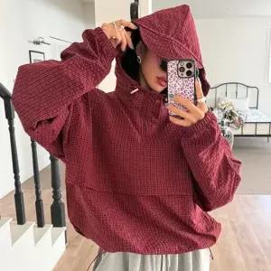 [옷자락]여자 남자 아노락 스트링 오버핏 체크 후드 티셔츠