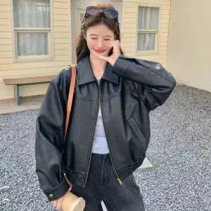 여자 검정 봄 빈티지 가죽 재킷 숏 코트 1PICK1