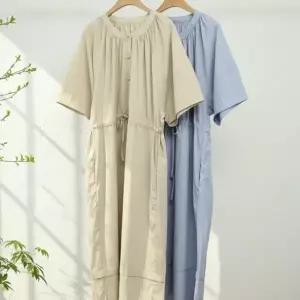 [옷자락]여자 셔링 라운드넥 허리스트링 루즈핏 데일리 롱원피스