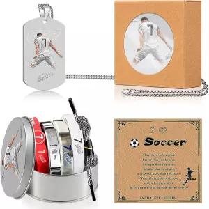 EGSNIX 6Pcs C.R No.7 축구 스포츠 팔찌 목걸이 세트 티타늄 스틸 조절식 실리콘 손목밴드 스타 시그니처