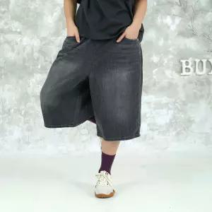 벅시루 노바디진 흑청 중청 여성 허리밴딩 와이드 청 반바지 462