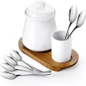 뚜껑과 숟가락이 있는 누쿠커리 도자기 설탕 그릇 14온스. 커피 바용 큰 용기 스테인리스 포함된 우아한