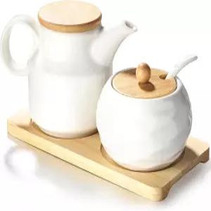 세라믹 설탕 및 크리머 세트 12온스 크림 피처 7.5온스 그릇 뚜껑 향신료용 커피 서빙 조미료(2개 라지)