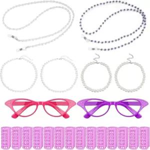 할머니 코스튬 세트 22개 - 안경 체인 2개 쌍 보라색 컬링 14개 진주 목걸이 코스프레 테마 파티용 팔찌