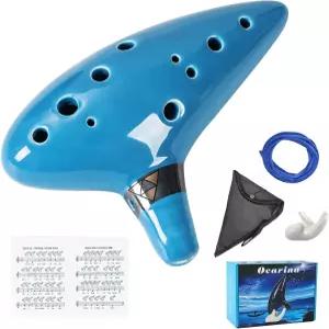 액세서리가 포함된 멀럭키 12홀 내추럴 클레이 오카리나 초보자 친화적인 악기 선물 상자 - 라이트 블루