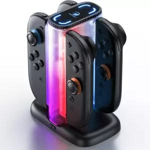 닌텐도 스위치용 충전 도크 2 조이콘 양면 마그네틱 커넥터가 있는 스위치 액세서리 및 12개의 RGB 조명