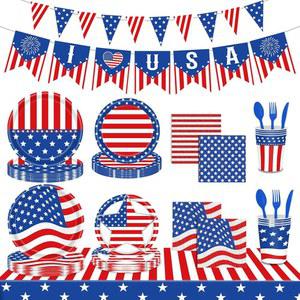 HOKOAD 7월 4일 파티 배너 170개 독립 기념일 애국적인 식탁보 디너 접시 현충일 디저트 식기 냅킨