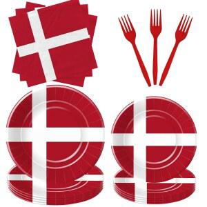 FVABO 덴마크 국기 테마 국가 파티 또는 접시 포크 헌법의 냅킨 용품 이벤트 24인용 축하 식기 종이