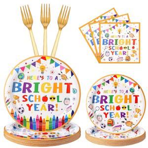 96피스 개학 파티 용품 17 8CM 7인치 22 9CM 9인치 유치원용 학년도 학생 세트 냅킨 식기 장식 HERE 포크 24인용 접시 종이 BRIGHT TO
