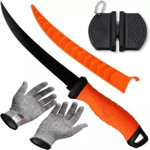 생선 필레 나이프 7인치 전문 낚시 세트 스테인리스 스틸 칼날 샤프너 및 절단 저항 장갑 야외용 주황색