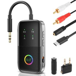 블루투스 5.2 송신기 수신기 aptX 적응형/저지연/HD 어댑터 지원 에어팟 휴대폰 2대, 무선 오디오 3.5mm 보조 헤드폰 잭 어댑터로 비행기 여행 /TV /홈 스테레오