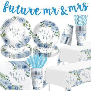 MR AND MRS 더스티 배너 샤워 웨딩 용품 24인분 장식 파티 식탁보 브라이덜 플로럴 접시 신부 약혼 커플 냅킨 블루