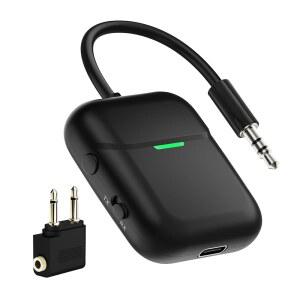 최대 2대의 에어팟 무선 헤드폰을 위한 Nulaxy Air 기내 블루투스 오디오 송신기 수신기, 비행기의 모든 3.5mm 보조 잭을 어댑터, 검은색