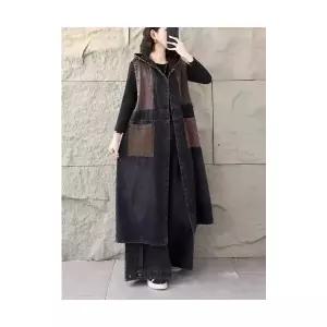 EAMT 여자 조끼 빈티지 후드 데님 싱글 캐주얼 민소매 롱 EUNG1