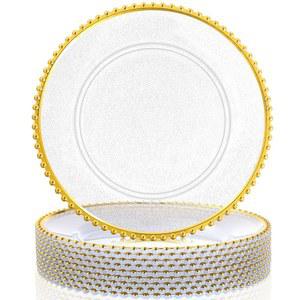 HOOLERRY 6팩 투명 충전기 벌크 그레인 서비스 33CM 13인치 원형 주방 이벤트 웨딩 플라스틱 비즈 파티 가정 디너 골드 장식 플레이트 테이블탑 아크릴 반투명