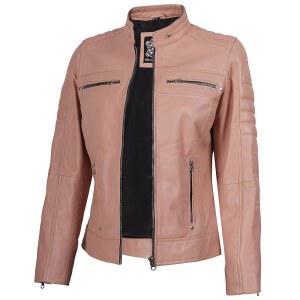 리얼 가죽 재킷 여성용 오토바이 레이서 내추럴 그레인 카페 AUSTIN 자켓 스탠드 칼라 핑크