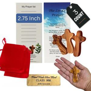 HOLY LAND MARKET 작은 나무 올리브 3팩 십자가 가방 성지 인증서 포켓 벨벳 천연