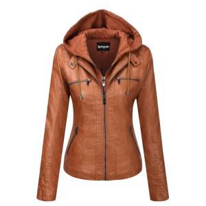 SPRINGRAIN 여성용 캐주얼 스탠드 탈착식 칼라 브라운 가죽 SMALL 자켓 PU 후드