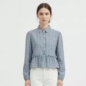 [샵앤] 여성 카라 블루 체크 밑단프릴 긴팔 남방 블라우스 MSE-WBL-21130