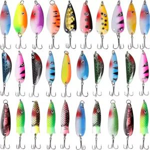 샤독 낚시 스푼 금속 미끼 30개의 다채로운 캐스팅 스피너 송어 트롤링 날카로운 트레블 훅 태클 키트