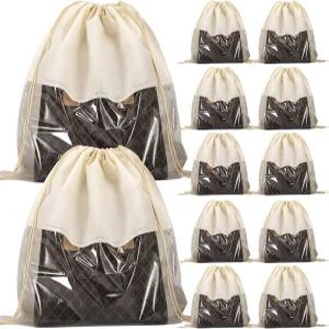 PLMOUT 12개 PCS 방진 드로스트링 백 통기성 부직포 먼지 커버 핸드백용 더스트백 신발 지갑 베이지