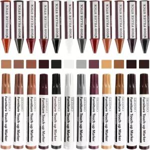 SEISSO 가구 수리 키트 12가지 색상 터치업 마커 및 우드 필러 스틱 (얼룩 긁힘용 신규 업그레이드) 나무