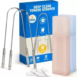 스테인리스 혀 스크레이퍼 세트 구강 관리 및 위생에 사용하기 쉬운 스틸 클리너 2개 팩 여행용 케이스