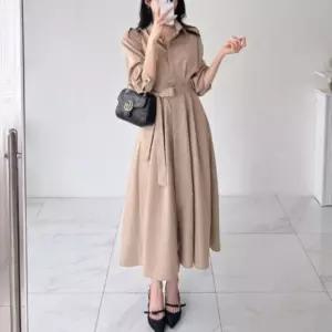 [신상오픈런]여성 클래식 허리띠 셔츠 스타일 플레어 롱 드레스 (41341031)