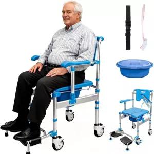 잠글 수 있는 바퀴가 달린 침대 옆 컴모드 샤워 의자 - 스펀지 방지 패딩 시트 플립업 암 풋레스트 3레벨