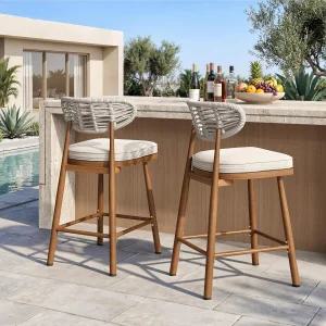 가든 스토리 야외 바 스툴 2종 세트 라탄 등이 있는 직조 24인치 높이 위커 파티오 의자 보호 카운터