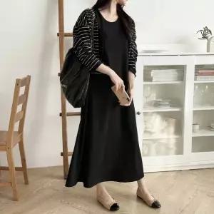 [샵앤] 여성 단가라 가디건 민소매 롱원피스 세트 LL-WSET-5151