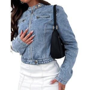 SARWOLDEY 여성용 스트레치 크롭 XS 스타일 워시 라이트 재킷 프론트 쇼트 오토바이 지퍼 청재킷 데님