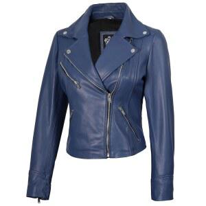 진짜 가죽 오토바이 재킷 닌파 블루 여성용 비대칭