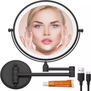 라이트 1X/10X 충전식 암 터치 디밍 가능한 360 회전 접이식 욕실 조명 벽 거울 확장 가능 매트 블랙